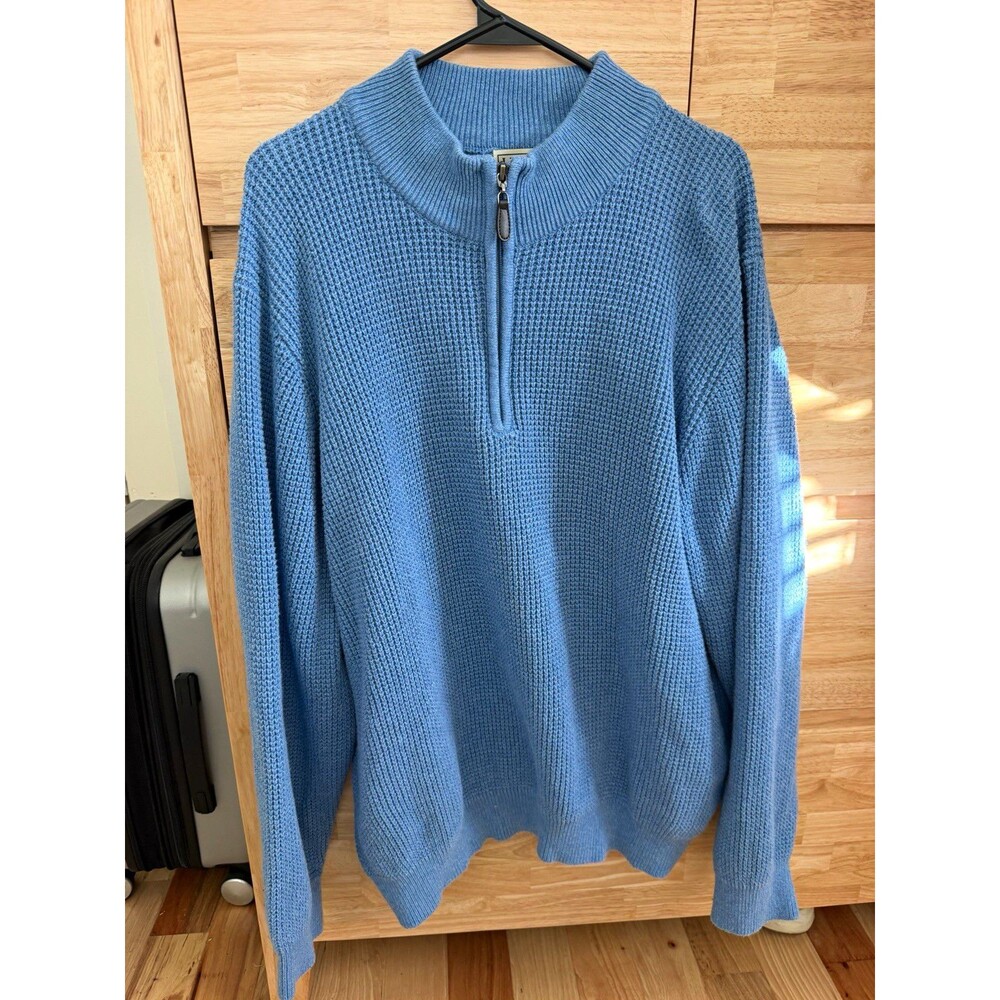 L.L.Bean Blue Waffle-Knit 1/4 Zip Mock Neck Cotton Cashmere Sweater XL